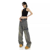 themeisles Hong Kong Style Retro High Waisted Workwear Jeans, Women's Summer New Unique Design, Straight Pocket, Floor Long Pants