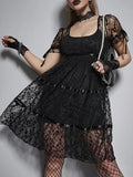 themeisles Lace Mall Gothic Aesthetic Black Women Dresses Grunge See Through Sexy Puff Sleeve Mini Dress A-line Summer Partywear