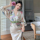 themeisles Printing Midi Bodycon Dress Elegant Japan Style V-Neck Long Half Batwing Sleeve Sashes Floral Maxi Dresses for Women Summer