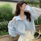 themeisles Shirts Women Hole Temperament Sun-proof Ins Vacation Thin Korean Style Sheer Off-shoulder BF Summer Students Beach