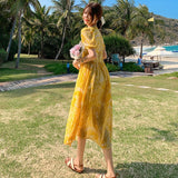 themeisles Summer Bohemian Yellow Women's Senior Sense Chiffon V-neck High Waist Thin Temperament Elegant Fashion Seaside Resort Long Dress