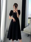 themeisles Summer Women Fashion Elegant Casual Solid Puff Sleeve Midi Dresses Evening Office Lady Female A Line Clothes Vestdios Black