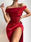 Townlike Stretch Satin Elegant Dress Women High Split One Shoulder Sexy Party Dress  Summer Dresses With Fishbone Vestidos