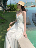 themeisles Summer New French Retro Satin Sexy Super Fairy White Suspender Dress Seaside Holiday Wind Open Back Beach Long Skirt Women