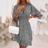 themeisles Women Summer Fashion Bohemian Dress Nipped Waist Pullover Deep V Neck Beach Dress Print Short-sleeve Floral Bright Dress