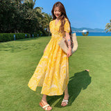 themeisles Summer Bohemian Yellow Women's Senior Sense Chiffon V-neck High Waist Thin Temperament Elegant Fashion Seaside Resort Long Dress