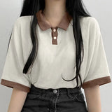 themeisles Spring Summer Autumn Korean Casual Polo T-Shirt Female Pullover Fashion Women Blouse Simple Preppy Style Student Loose Soft