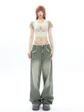 themeisles Vintage Vintage Green Wide Leg Jeans For Women's High Street High Waisted Drape Straight Leg Wide Leg Mop Pants For Women'sJeans