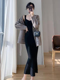 themeisles Korea Summer New Women White Elegant V-neck Knit Slip Long Dress French Black Sexy Club Slim Prom Evening Party Fishtail Dresses