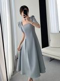 themeisles Vintage Square Collar Casual French Midi Dress for Women Elegant Party Ladies Pleated A-Line Femme Fashion Bodycon Dress Summer