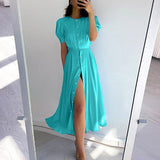 themeisles Women's Summer Long Dress Slit Orange Elegant Short Sleeve Maxi Dresses Office Ladies Buttons Holiday Shirt Dress For Women