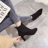 themeisles Autumn Winter Women Boots Elastic Ankle Boots Pointed Toe Thick Heel High Heels Shoes Woman Female Plus Fleece Warm Socks Boots