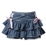 themeisles Japanese Y2k Denim Skirt Mini Women Kawaii Elastic Waist A-line Patchwork Cute Sexy Ruffles Jeans Skirt Shorts Summer