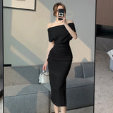 themeisles French Temperament Celebrity Wind Sexy Strapless Oblique Collar Dress Female Spring and Summer Slim Open Package Hip Long Dress