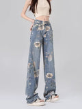 themeisles Street Printed Jeans, Female Niche Design, Trendy Vibe High Waisted Drape, Straight Leg Wide Leg Long Pants, Women's Jeans