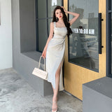 themeisles Summer Fashion Women Elegant White Satin French Dress Sexy Square Collar Silk Long Bodycon Dress Wedding Cocktail Prom Dresses