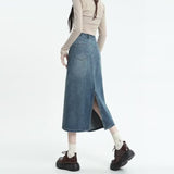 themeisles Retro Denim Skirt For Women Spring And Autumn New Summer Mid Length Slim A-line Split Long Skirt Skirt