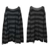 themeisles New Punk Gothic Long Unisex Sweater Summer Women Striped Cool Hollow Out Hole Broken Jumper Loose Rock Thin Dark Streetwear Top