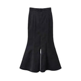 themeisles Black Denim Long Skirt Women Vintage High Waist Split Bodycon Ruffles Pencil Mermaid Midi Skirt Summer Japanese Fashion