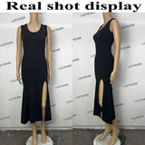 Black Sleeveless Strap Dress Women Sexy Slim Fit Side Slit Irregular Maxi Dress woman Summer Korean Simple One piece Dresses