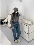 themeisles Trend Zipper Simple Literary Jeans Dark Lazy Straight Pants Summer New Women's High Waist Temperament Trousers