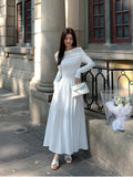 themeisles Autumn Fashion White Knitted Dress Women Elegant Sexy Off Shoulder Slim A-Line Robe Korean Spring Casual Long Sleeve Clothing