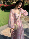 themeisles Vintage Long Sleeve One Piece Chiffon Dress for Women Fairy Elegnat French Floral Party Midi Dresses Evening Korean Summer