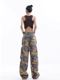 themeisles Loose Splashed Ink Speaker Camouflage Pants Trendy Hip-hop Vintage Versatile Work Clothes Pants Wide Leg Pants Women's Jeans