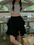 themeisles Fairy Core Mini Skirt Women Elastic High Waist A-line Irregular Lace Trim Ruffles Cake Skirt Summer Mori Girl Style