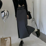 themeisles Korean Style High Waist Long Skirt Women Summer Double Belt Preppy Midi Skirts Woman Pleated Black Gray A Line Skirt