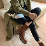 themeisles  fashion inspo   NEW Fall/Winter Shoes Women Split Leather Ankle Boots Round Toe Chunky Shoes for Women Solid Chelsea Boots Leisure Black Boots