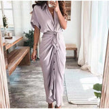 themeisles Women Summer Elegant Button Ruched Bandage Shirt Dress Fashion Casual Short Sleeve Solid V Neck Beach Maxi Dress