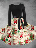 Vintage-Inspired Christmas Dress with Santa, Reindeer & Snowflake Print - Long Sleeve A-Line Party Dress for Women, Machine Washable