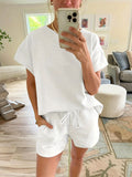 Chic Solid Two-piece Set - Casual Crew Neck Top & Drawstring Shorts Outfit - Comfortable Womens Everyday Wear