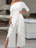 themeisles Solid Color One-Shoulder Long Sleeves T-Shirt + High-Waisted Wide Leg Pants Trousers Two Pieces Set