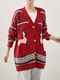 Plus Size Knitted Christmas Deer Pattern Cardigan, Casual Long Sleeve With Pockets, Button Front Women's Clothing