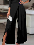 themeisles Solid Color One-Shoulder Long Sleeves T-Shirt + High-Waisted Wide Leg Pants Trousers Two Pieces Set