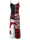 Women's Christmas Themed Jersey Fabric Jumpsuit with Round Neck, Casual Style, Polyester, All-Season, Adult, with Pockets - Festive Plaid and Snowman Design