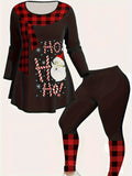 Plus Size Christmas Outfits Set, Women's Plus Colorblock Plaid & Santa Claus & Art Letter Print Long Sleeve Round Neck Tunic Top & Leggings Outfits Two Piece Set