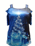 Plus Size Christmas T-shirt, Women's Plus Glitter Christmas Tree Print Cold Shoulder Cut Out Half Sleeve Tee