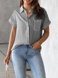 Plus Size Striped Print Shirting Blouse with Lapel Collar and Pocket - Relaxed Fit, Casual, Non-Stretch Polyester Material, Short Sleeve, Placket Front, Random Printing, Perfect for Summer - Womens Oversized Clothing