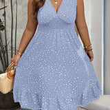 Plus Size Womens Polka Dot Peplum Tank Dress - V Neck, Sleeveless, Shirred, Ruffle Hem, Non-Stretch Polyester Fabric, Perfect for Spring/Summer Vacation