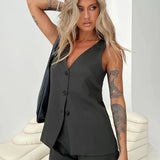 Chic Solid Color V-Neck Vest Jacket - Fashionable Button Front, Sleeveless & Elegant - Perfect Everyday Womens Clothing