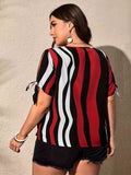 Plus Size Colorblock Striped Blouse with Tied Cuffs - Fashionable Crew Neck for Spring & Summer - Casual, Flattering Womens Plus Size Clothing