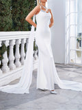 Solid Color Spaghetti Strap Formal Dress, Elegant Draped Split Thigh Evening Dress For Party & Banquet, Women's Clothing