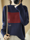 themeisles Casual Loose Long Sleeves Striped Round-Neck Sweater Tops