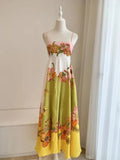 Casual Dresses Women Spaghetti Strap Malakai Linen Blend Contrast Floral Print Sundress Back Smocked Pocket Maxi Dress