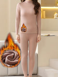 Solid Plush Thermal Underwear Set For Fall & Winter, Long Sleeve Mock Neck Tops & Pants, Women's Loungewear & Underwear