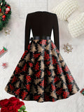 Women'S Y2K Christmas Printed Skater Dress with V-Neck, Polyester Fabric, Ribbon Waist, A-Line Skirt, Adult Size, Knit Fabric, Festive Holiday Party Wear