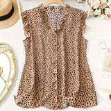 Plus Size Elegant V Neck Leopard Print Blouse - Chic Ruffle Sleeve Shirt for Spring and Summer - Non-Stretch Polyester Womens Clothing with Woven Fabric and Random Printing